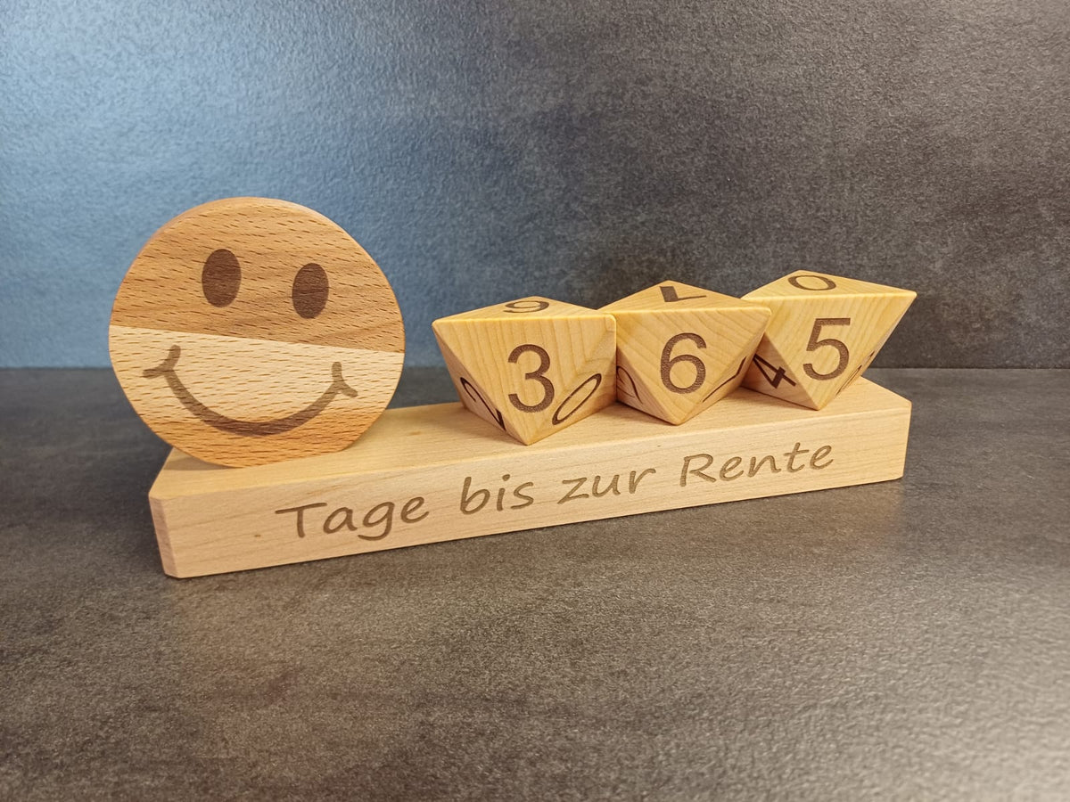Rentenzähler mit Smiley und Gravur aus Buche Leimholz 