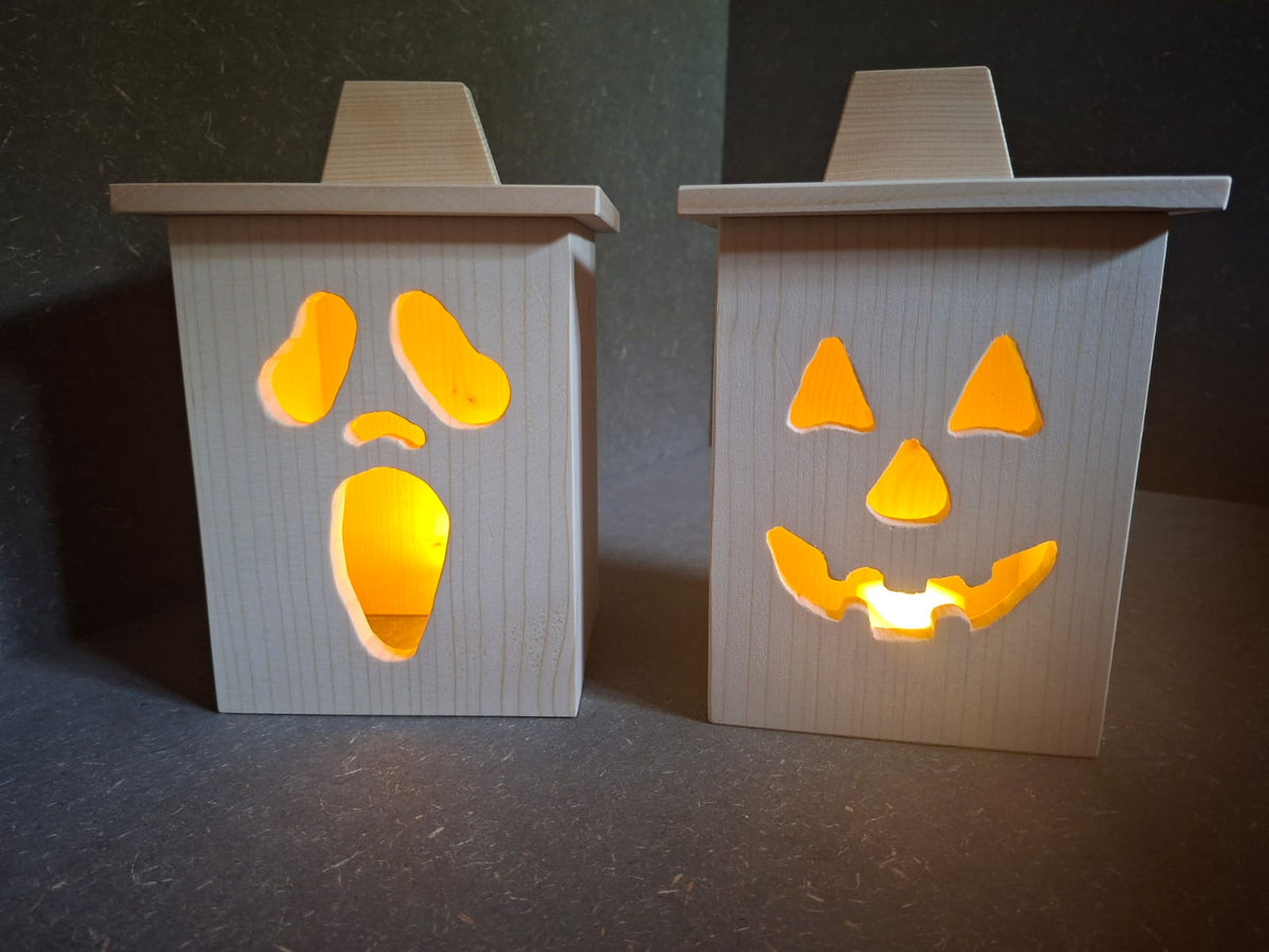Halloween Laternen aus Holz mit LED – Kürbis und Gespenst