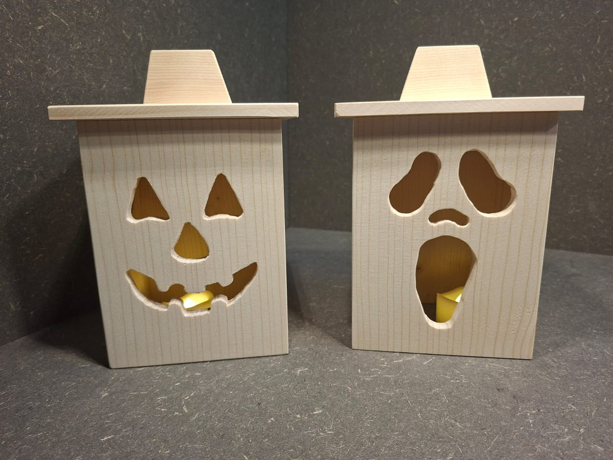 Halloween Laternen aus Holz mit LED – Kürbis und Gespenst