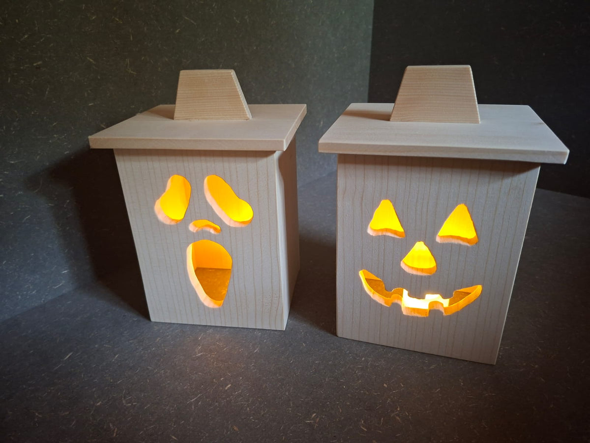 Halloween Laternen aus Holz mit LED – Kürbis und Gespenst