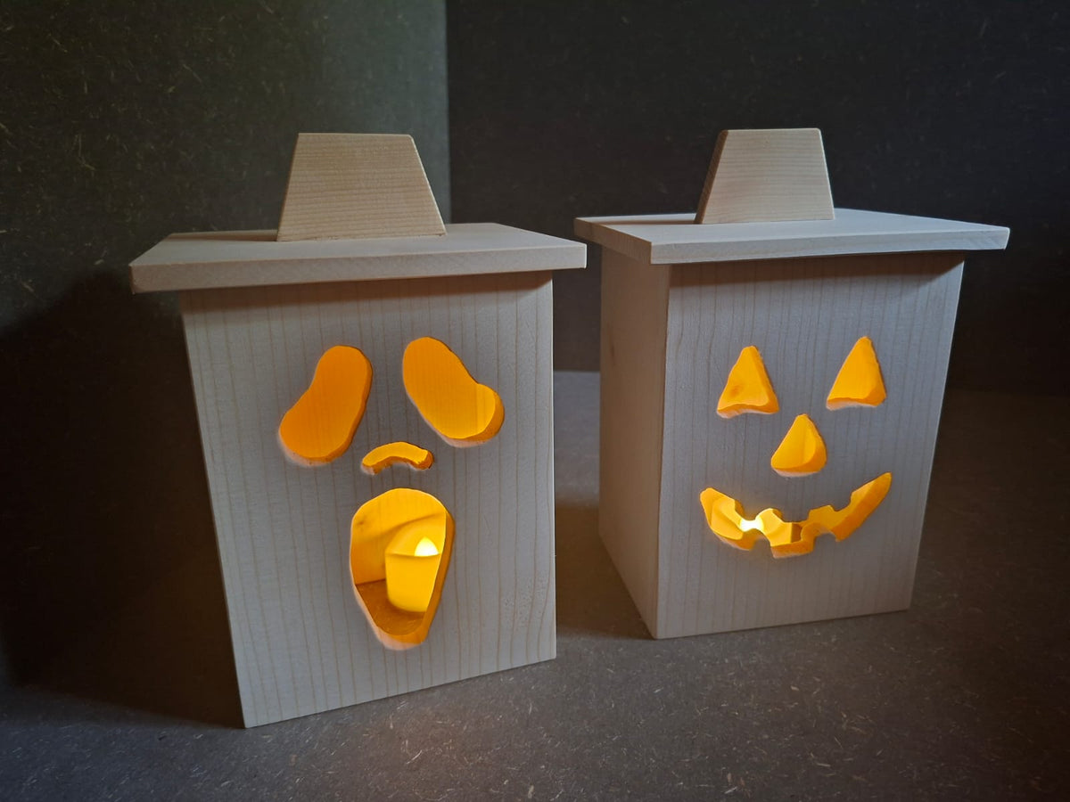 Halloween Laternen aus Holz mit LED – Kürbis und Gespenst