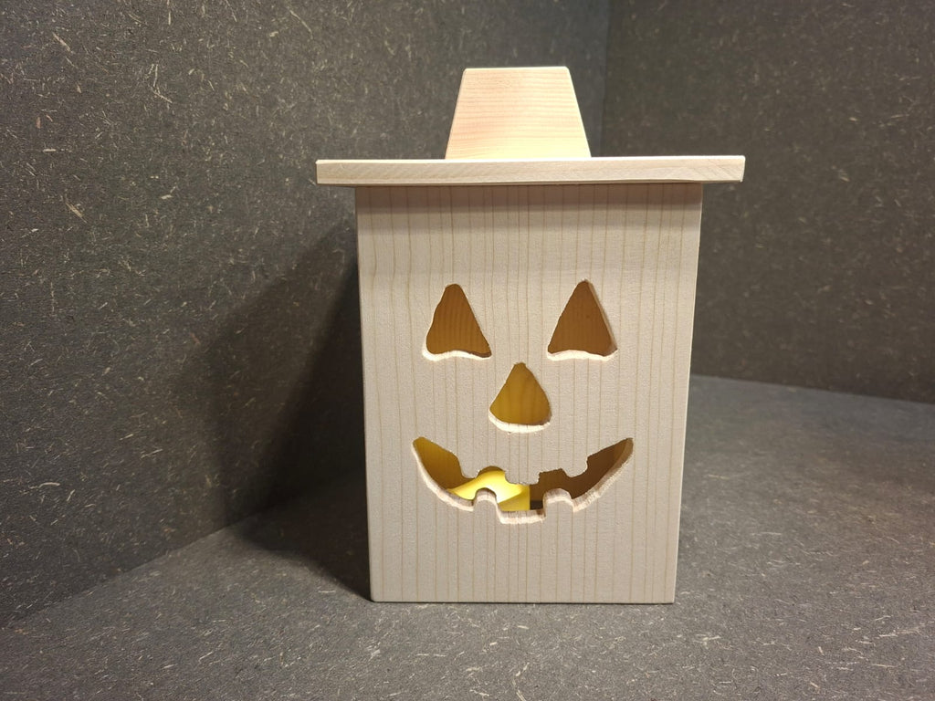 Halloween Laterne aus Holz mit LED und Kürbis-Motiv